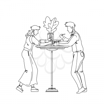 Dessert Eating Man And Woman At Cafe Table Black Line Pencil Drawing Vector. Boy And Girl Couple Eat Delicious Dessert Nutrition At Kitchen Desk. Characters With Sweet Baked Creamy Food Illustration