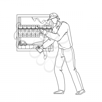 Electrical Engineer Checking Electric Panel Black Line Pencil Drawing Vector. Electrician Using Meter For Check Electrical Voltage Cable Wiring System In Main Power Board. Character Illustration
