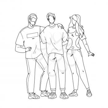 Employee Team Stay Together And Embracing Black Line Pencil Drawing Vector. Company Employee Young Command Men And Girl. Characters Colleagues, Business People Flat, Teamwork And Partnership Cartoon Illustration