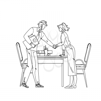 Employees Hiring Director Welcoming Woman Black Line Pencil Drawing Vector. Boss Man Handshaking Girl Hand Worker Hiring In Office. Characters Chief And Hired Colleague In Elegant Suit Illustration