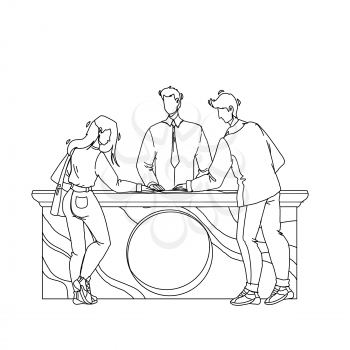 Expo Center Visitors Communicate With Staff Black Line Pencil Drawing Vector. Expo Center Customers Man And Woman Communicate With Worker Manager At Stand About Exhibit. Characters Illustration