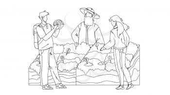 Farm Food Market Customers Choose Products Black Line Pencil Drawing Vector. Clients Choosing Fresh Natural Vegetables At Agricultural Market Counter. Character Seller Selling Healthy Nutrition Illustration