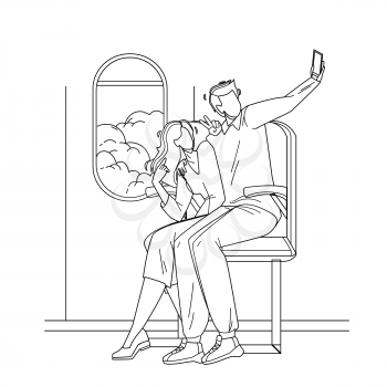 Couple Make Flight Selfie On Phone Camera Black Line Pencil Drawing Vector. Young Man And Woman Sitting In Airplane Making Selfie On Smartphone. Characters Travellers Photographing Illustration