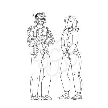 Generation X Man And Woman Staying Together Black Line Pencil Drawing Vector. White Hair Husband Listen Music In Headphones And Standing Near Wife Generation X People Couple. Characters Illustration