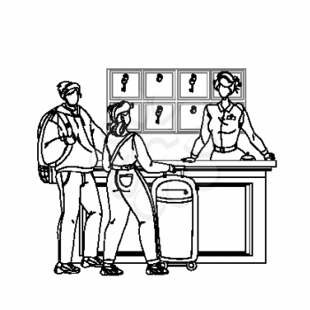 At Hotel Reception Registering Guest Couple Black Line Pencil Drawing Vector. Young Man And Woman Tourists With Baggage Talking With Receptionist At Motel Reception In Lobby. Characters Illustration