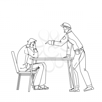 Policeman Interrogation Criminal Prisoner Black Line Pencil Drawing Vector. Detective Police Man And Bandit With Handcuffs In Interrogation Room Interviewing After Committed Crime. Characters Illustration