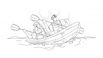 Kayak Travelling Couple People Together Black Line Pencil Drawing Vector. Young Man And Woman Sportsmen With Paddles In Kayak On River. Characters Kayaking Active Extremal Sport Time Illustration