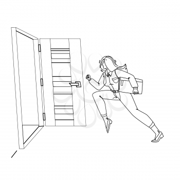 Woman Leaving Room, Running To Open Door Black Line Pencil Drawing Vector. Young Businesswoman Holding Folder With Documents Emergency Leaving Office. Character Escape And Evacuation Illustration