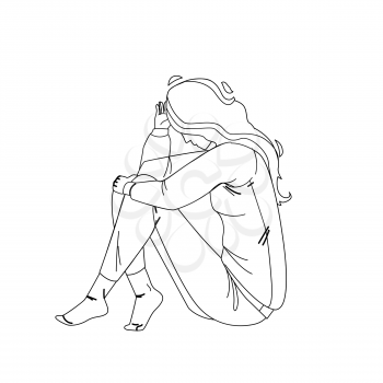 Loneliness Unhappy Woman Sitting On Floor Black Line Pencil Drawing Vector. Loneliness Sad Young Girl Touching Hair. Character Lady Psychological And Mental Troubles, Suffering From Bad Relationship Illustration