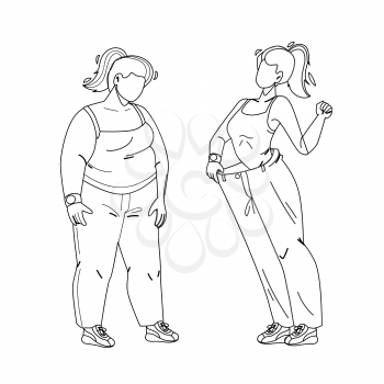 Loose Weight Woman Before And After Look Black Line Pencil Drawing Vector. Fat Girl And Lost Weight Thin, Diet Or Fitness Sport Exercise. Character Lady Overweight And With Athletic Figure Illustration