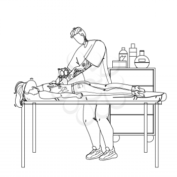 Artist Making Tattoo With Machine In Salon Black Line Pencil Drawing Vector. Man Professional Tattooist Make Tattoo On Young Woman Back In Studio Cabinet. Characters Worker Boy And Client Girl Illustration