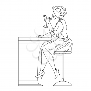 Martini Beverage Drink Girl At Bar Counter Black Line Pencil Drawing Vector. Young Woman Drinking Alcoholic Dry Cocktail Martini, Prepared From Vermouth And Olives. Character With Alcohol Liquid Illustration
