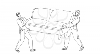 Movers Carry Sofa And Move To New House Black Line Pencil Drawing Vector. Transportation And Move Service Workers Men Moving Couch And Boxes. Characters Carrying Furniture And Cardboards Illustration