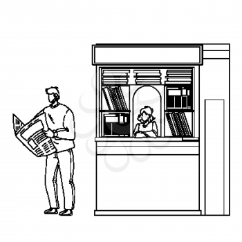 Newspaper Reading Man Near Street Newsstand Black Line Pencil Drawing Vector. Young Boy Buy And Read Newspaper Article And News Outdoor. Characters Customer Guy And Magazines Seller Lady Illustration