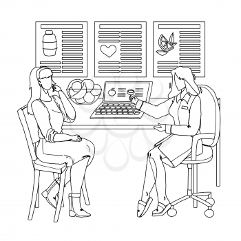 Nutritionist Giving Consultation To Patient Black Line Pencil Drawing Vector. Nutritionist Talking About Healthy Food With Woman And Making Diet Plan. Character Counseling About Healthcare Nutrition Illustration