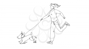 Pet Walking And Running In Park With Girl Black Line Pencil Drawing Vector. Young Woman Walk And Run With Dog Pet Outdoor. Character With Domestic Animal Have Enjoying Leisure Time Together Illustration