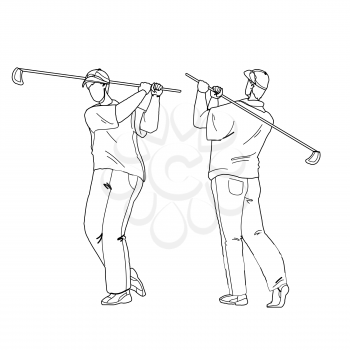 Man Playing Golf And Hitting Ball With Club Black Line Pencil Drawing Vector. Golfer Play Golf And Shot With Sportive Equipment. Character Boy Golfing And Exercising, Sport And Leisure Active Time Cartoon Illustration