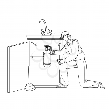 Plumber In Working Overall Fixing Sink Black Line Pencil Drawing Vector. Plumber Man Fix Kitchen Or Bathroom Pipe Leak With Spanner. Character Repairman Removing Blockage, Plumbing Repair Service Illustration