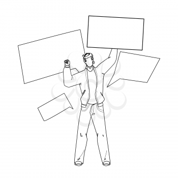 On Protest Demonstration Man With Posters Black Line Pencil Drawing Vector. Young Boy Activist Holding Board Screaming On Protest. Character Protestor Protesting And Shouting On Meeting Strike Illustration