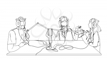 Radio Broadcast People Recording In Studio Black Line Pencil Drawing Vector. Man And Women Discussing And Record Broadcast On Air. Characters Talking In Microphone Electronic Equipment Illustration