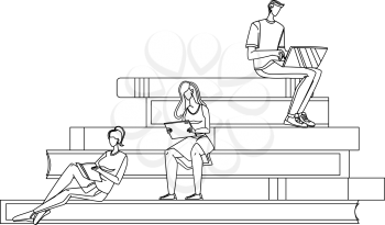 Scholar People Studying Reading On Tribune Black Line Pencil Drawing Vector. Boy Scholar Working With Laptop, Young Girl Watching Tablet And Read Book. Student Education Characters Illustration