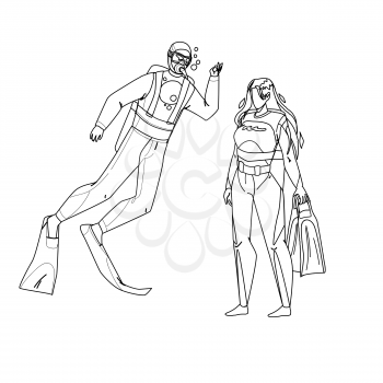 Scuba Diver Man And Woman Togetherness Black Line Pencil Drawing Vector. Scuba Diver Young Boy And Girl Wearing Swimming Costume, Facial Mask, Flippers And Aqualung Equipment. Characters Illustration