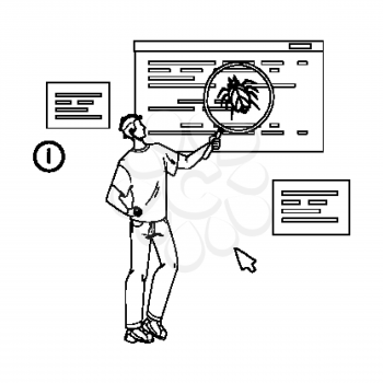 Software Testing Program On Bug And Errors Black Line Pencil Drawing Vector. Software Code Test Service, Man It Worker Holding Magnifier Searching And Finding Application Digital Problem. Character Illustration