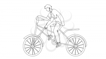 Stupidity Boy Put Spoke In Bicycle Wheel Black Line Pencil Drawing Vector. Stupid Man Bicycling And Putting Stick In Transport Wheel. Character Guy Riding Bike And Make Dangerous Action Illustration