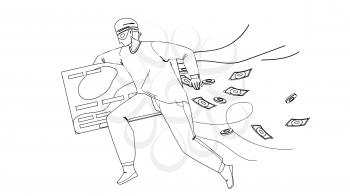 Thief Man Stealing Money From Credit Card Black Line Pencil Drawing Vector. Thief Running With Steal Finance, Bandit Burglar Boy Theft. Character Gangster Financial Criminal, Illegal Occupation Illustration