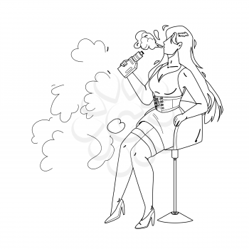 Vape Girl Smoking Electronic Cigarette Black Line Pencil Drawing Vector. Pretty Young Vape Girl Sitting On Chair And Smoke E-cigarette. Character Woman Hipster Vaping And Inhale Nicotine Illustration