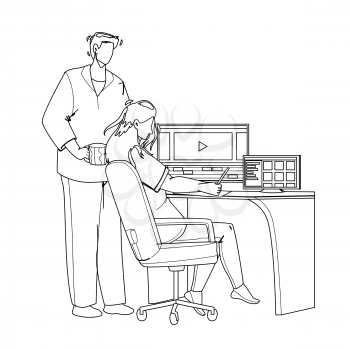 Video Editor Working On Laptop At Workplace Black Line Pencil Drawing Vector. Young Man And Woman Couple Video Editor Work Together And Editing Film Or Clip. Characters Movie Production Illustration