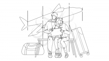Couple Waiting Flight In Airport Terminal Black Line Pencil Drawing Vector. Young Man And Woman Watching Video On Laptop With Baggage Luggage Wait Flight Transportation. Characters Illustration