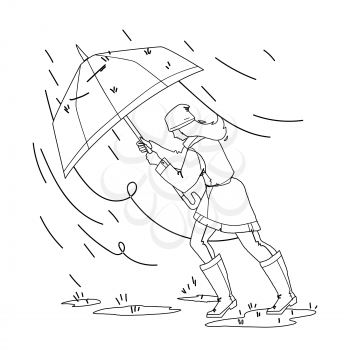 Weather Rain Day Walking Girl With Umbrella Black Line Pencil Drawing Vector. Young Woman Walk In Rainy And Windy Stormy Weather. Character Lady Wearing Raincoat, Pants And Gumboots Illustration