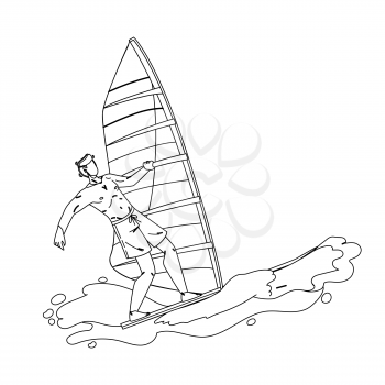 Windsurfing Man Surfer Athlete On Wavy Sea Black Line Pencil Drawing Vector. Sportsman Windsurfing On Wave Ocean Water. Character Young Boy Riding Windsurf Active Sportlife Time Lifestyle Illustration