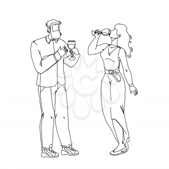 Wine Degustation Sommeliers Man And Woman Black Line Pencil Drawing Vector. Young Boy And Girl Taste And Drinking Wine And Smelling Flavor Of Alcoholic Grape Beverage. Characters With Aromatic Liquid Illustration