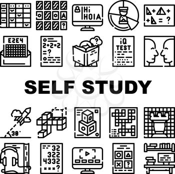 Self Study Lessons Collection Icons Set Vector. Self Study Audiobook And Video Lessons, Chess And Crossword Game, Modeling And Iq Test Black Contour Illustrations