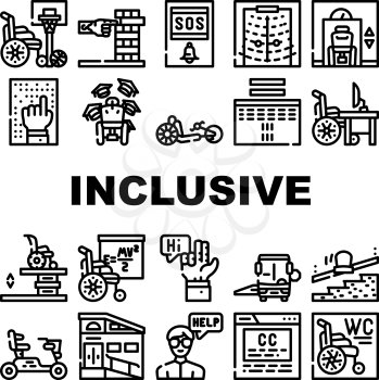 Inclusive Life Tool Collection Icons Set Vector. Graduation And Working Place, SportLife And Communication, Bus And Velomobile Inclusive Life Black Contour Illustrations