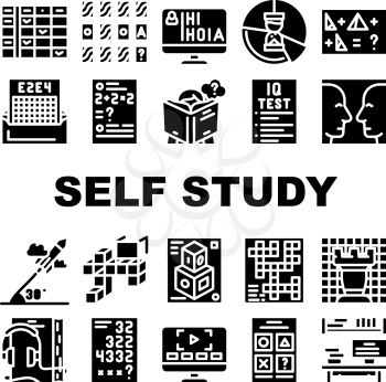 Self Study Lessons Collection Icons Set Vector. Self Study Audiobook And Video Lessons, Chess And Crossword Game, Modeling And Iq Test Glyph Pictograms Black Illustrations