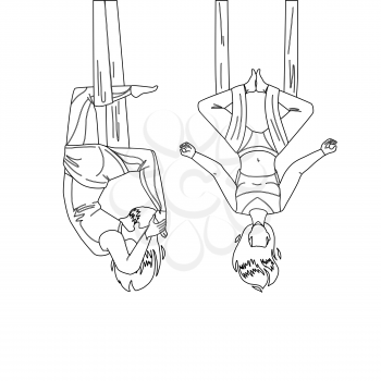 Air Yoga Training Exercise Girls Couple Black Line Pencil Drawing Vector. Young Women Exercising Air Yoga Together, Ladies Flying In Anti-gravity Hammock. Athlete Sport Activity Illustration