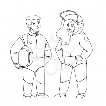 Astronaut Children Couple In Space Suit Black Line Pencil Drawing Vector. Astronaut Children Boy And Girl Future Work. Characters Teenagers Profession Dreaming For Adventure And Discover Illustration