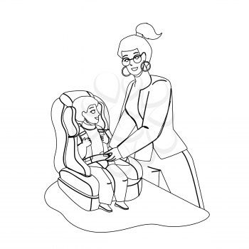 Baby Car Seat Mom Fasten Buckled Seat Belt Black Line Pencil Drawing Vector. Mother Seating Son In Baby Car Chair. Characters Young Woman And Little Boy Prepare For Automobile Voyage Illustration