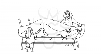 Mother And Daughter Make Bed With Bedsheet Black Line Pencil Drawing Vector. Woman And Girl Covering Bed With Coverlet In Bedroom Together. Characters Housekeeping And Morning Routine Illustration