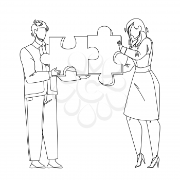 Business Strategy Planning Businesspeople Black Line Pencil Drawing Vector. Business Strategy Plan Discussing And Analyzing Young Businessman And Businesswoman. With Puzzle Pieces Illustration