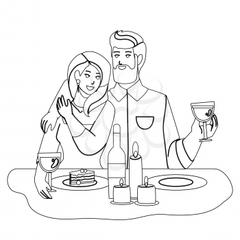 Couple Have Romantic Dining With Candles Black Line Pencil Drawing Vector. Man And Woman Dating And Celebrating Valentine Day Together With Candles, Drinking Wine And Eating Dessert. Illustration