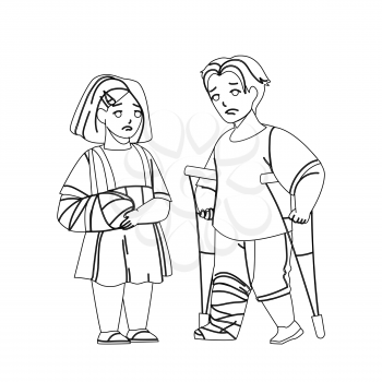 Child Injury Treat In Emergency Hospital Black Line Pencil Drawing Vector. Little Girl With Broken Arm In Bandage And Boy With Leg Injury Walking On Crutches. Kid Trauma Treatment Illustration