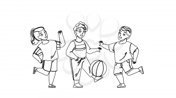 Children Playing With Ball Outside Together Black Line Pencil Drawing Vector. Kids Playing Football Outside, Team Game. Sport And Leisure Active Time Outdoor And Enjoying Summer Season Illustration