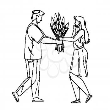 Boy Presenting Flowers To Girl With Love Black Line Pencil Drawing Vector. Young Man Giving Flowers Bouquet Gift To Attractive Woman. Characters Boyfriend And Girlfriend Couple Date Illustration