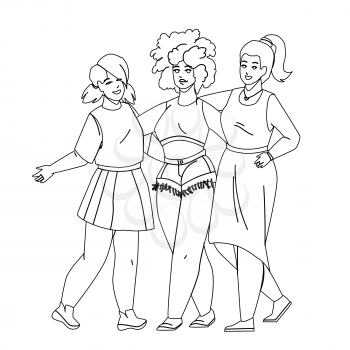 Diverse People Women Embracing Together Black Line Pencil Drawing Vector. Multiracial Caucasian, African And Asian Diverse Girls Staying And Embrace Togetherness. Friendship Illustration