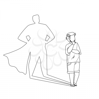 Boy Child Dreaming To Stay Brave Super Hero Black Line Pencil Drawing Vector. Cute Little Kid Guy Dreaming To Become Courageous Superchild. Preteen Character Superhero, Childhood Dream Illustration