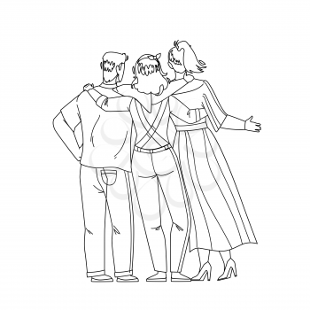 Friendship Young People Back Side View Black Line Pencil Drawing Vector. Man And Women Embracing Together, Friendship And Cooperation. Characters Friends Hugging And Have Leisure Time Illustration